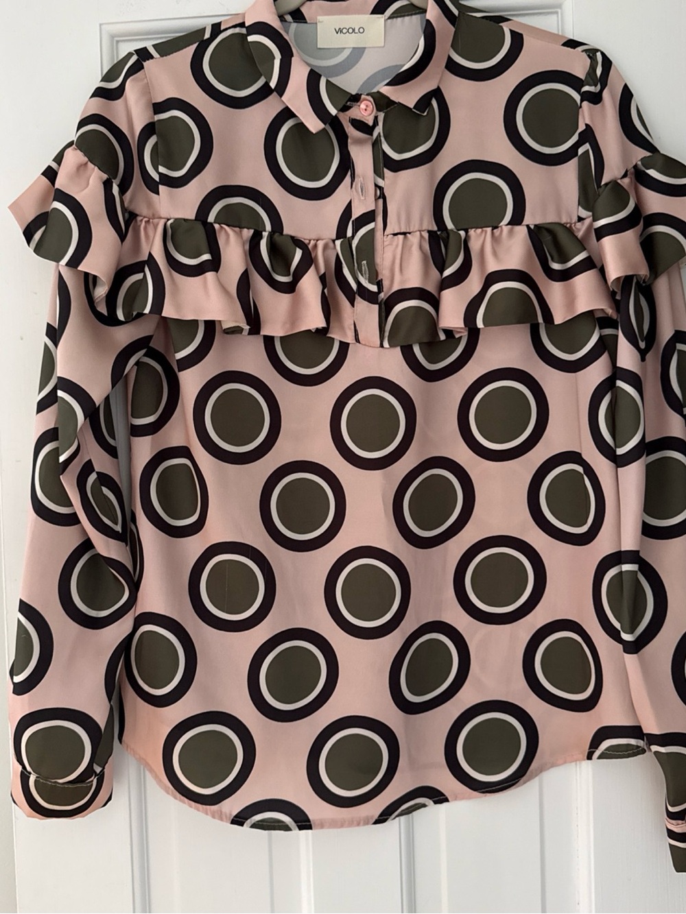 Pink Circle-Print Ruffle Blouse Vicolo S